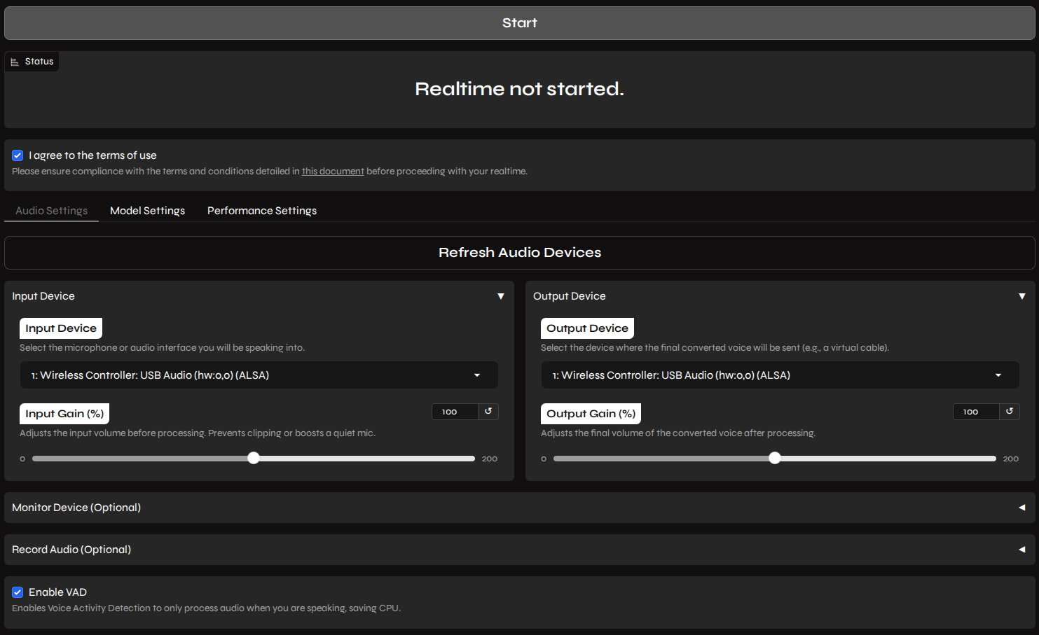 The main realtime inference interface in Applio, showing the Audio Settings tab contents.